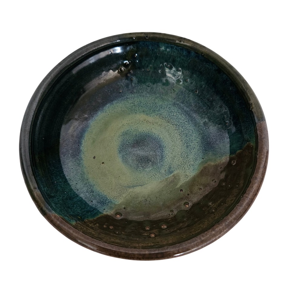 Studio Artisan Hand Thrown Pottery Bowl Green Blue Glaze Signed 6.5 Inch